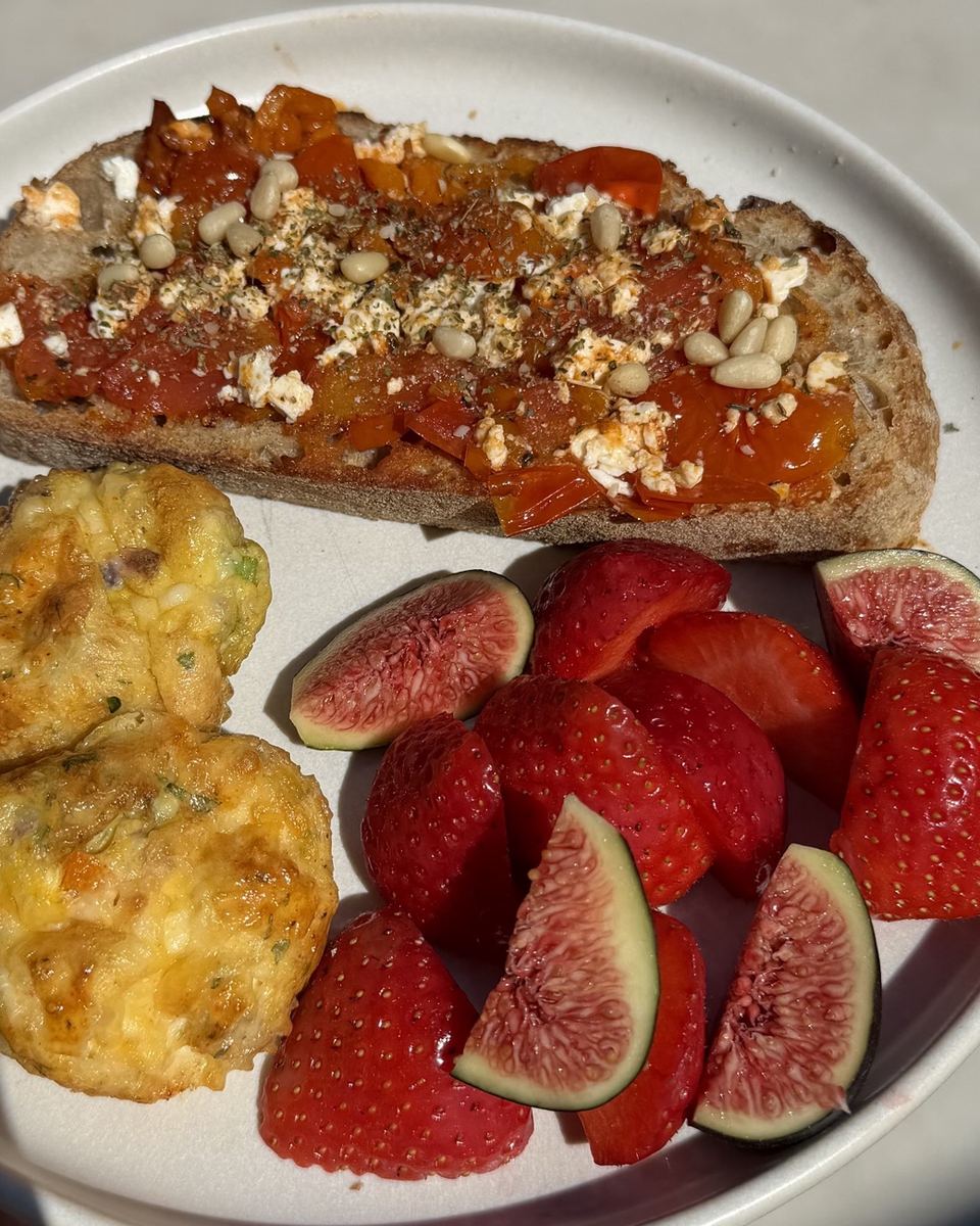 Tomato and cottage cheese on sourdough with egg muffins