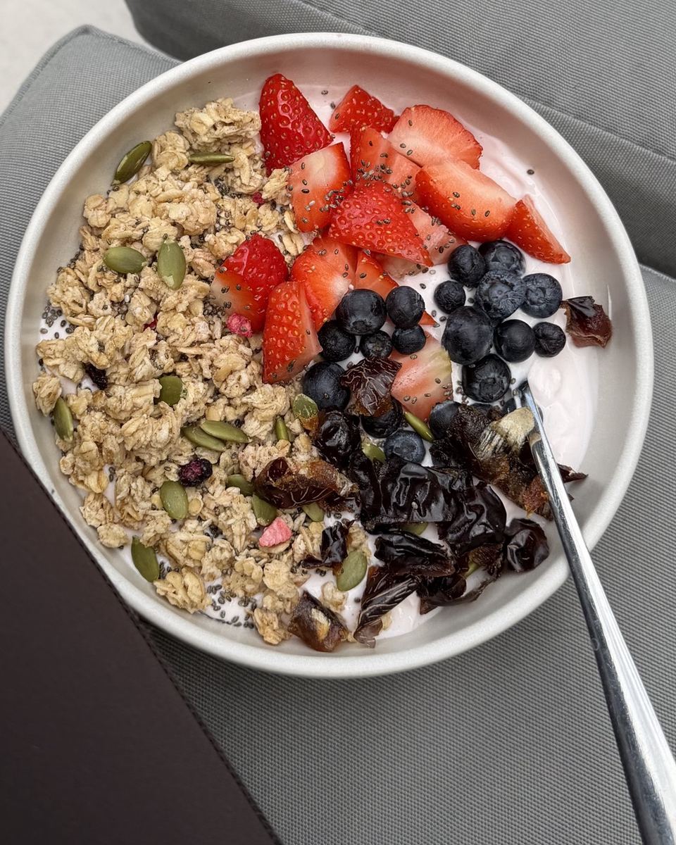 Yoghurt with granola, berries and dates