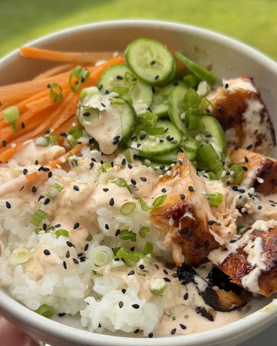 Salmon rice bowl with cucumber and carrot